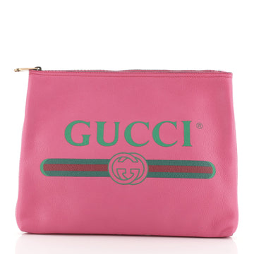 Gucci Logo Zip Pouch Printed Leather Medium