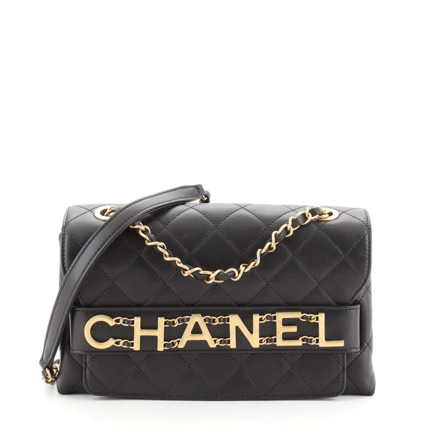 Chanel Logo Enchained Flap Bag Quilted Calfskin Medium Black 607381
