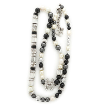 CC Long Necklace Crystal Embellished Metal and Faux Pearls with Beads