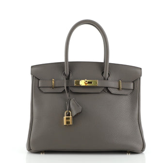Hermes Birkin Handbag Grey Clemence with Gold Hardware 30