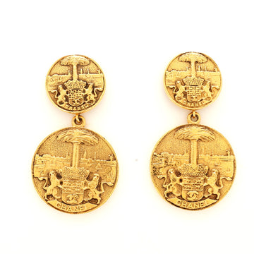 Chanel Coat of Arms Crest Medallion Drop Clip-On Earrings Metal