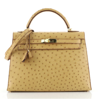 Hermes Kelly Handbag Brown Ostrich with Gold Hardware 32