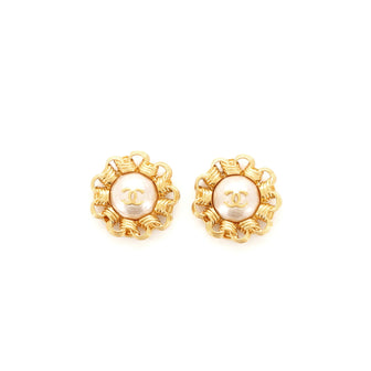 Chanel Vintage Round CC Clip-On Earrings Metal with Faux Pearl