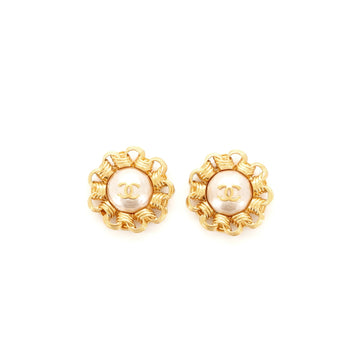 Chanel Vintage Round CC Clip-On Earrings Metal with Faux Pearl