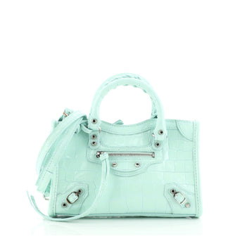 Balenciaga City Classic Studs Bag Crocodile Embossed Patent Nano