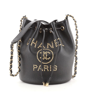 Chanel Deauville Drawstring Bucket Bag Studded Caviar Medium