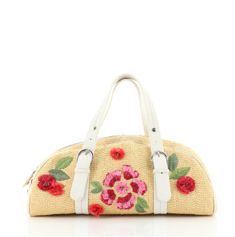 Christian Dior Vintage Bowler Bag Floral Raffia Medium