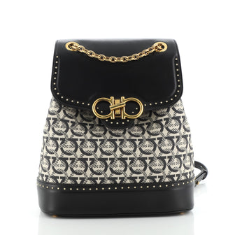 Salvatore Ferragamo Flap Drawstring Backpack Gancini Jacquard and Studded Leather