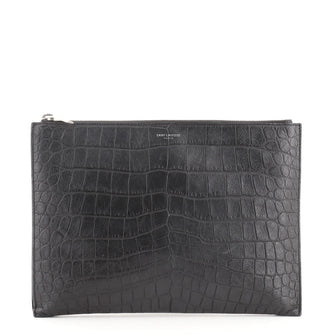 Saint Laurent Classic Monogram Zip Pouch Crocodile Embossed Leather Medium
