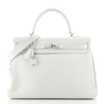 Hermes Kelly Handbag White Clemence with Palladium Hardware 35