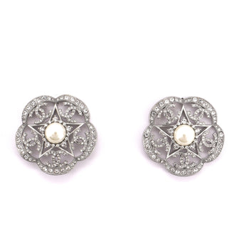 Chanel Camellia CC Star Stud Earrings Crystal Embellished Metal with Faux Pearls
