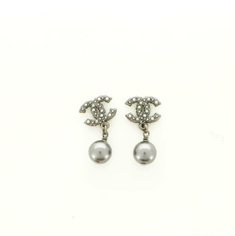 Chanel CC Dangle Earrings Crystal Embellished Metal with Faux Pearls