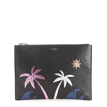 Saint Laurent Palm Trees Zip Pouch Embellished Leather Medium