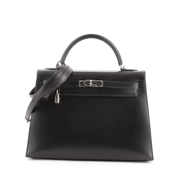 Hermes Kelly Handbag Black Box Calf with Palladium Hardware 32