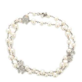 CC Long Necklace Faux Pearls and Crystal Embellished Metal