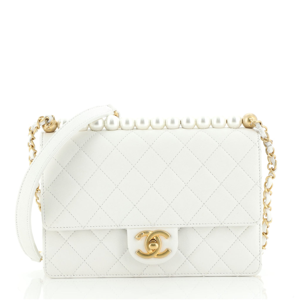 Chanel Chic Pearls Flap Bag Quilted Lambskin Small White 628036