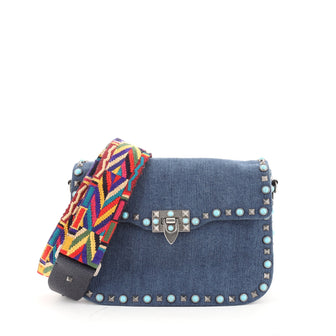 Valentino Rolling Rockstud Crossbody Bag Denim with Cabochons Medium