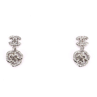 Chanel CC Camellia Dangle Earrings Crystal Embellished Metal