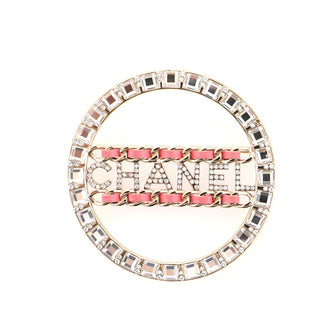 Chanel Logo Chain Link Round Brooch Crystal Embellished Metal
