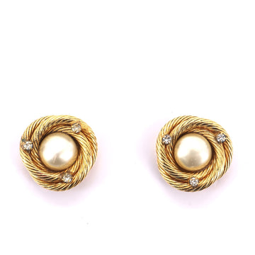Chanel Vintage Round Clip-On Earrings Embellished Metal with Faux Pearl