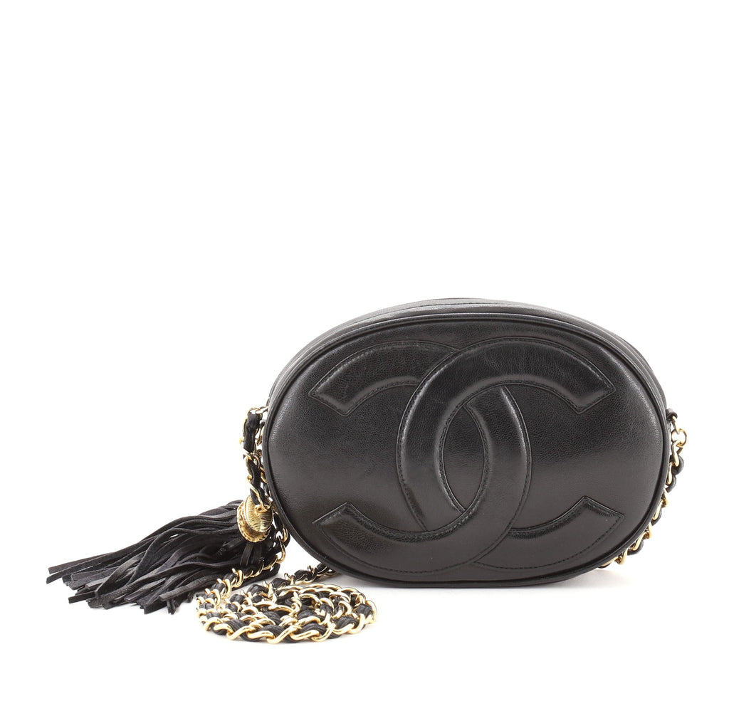 Chanel Vintage Oval CC Tassel Crossbody Bag Leather Mini Black 63290545