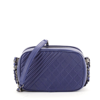 Pre-owned Chanel Coco Boy Camera Bag Quilted Chevron Small Blue