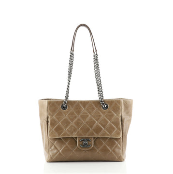 Chanel Duo Color Front Flap Shopping Tote Quilted Glazed Calfskin Small