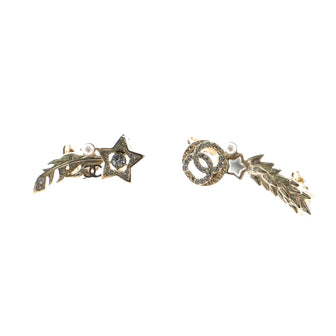 Chanel Star Feather Ear Climber Earrings Crystal Embellished Metal with Faux Pearls