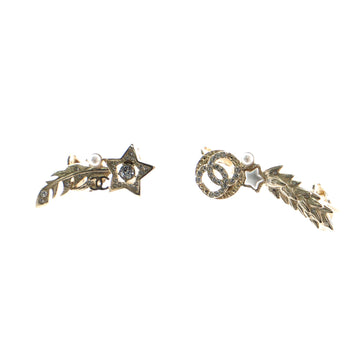Chanel Star Feather Ear Climber Earrings Crystal Embellished Metal with Faux Pearls