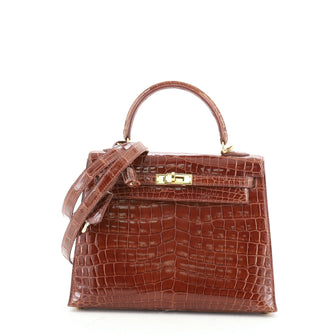 Hermes Kelly Handbag Brown Shiny Niloticus Crocodile with Gold Hardware 25