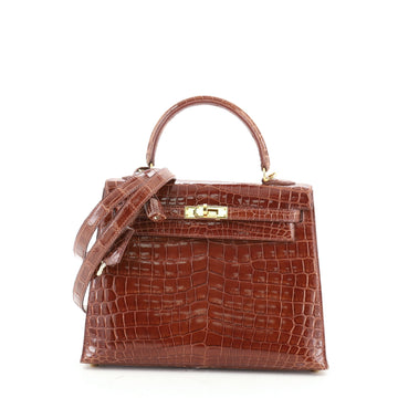 Hermes Kelly Handbag Brown Shiny Niloticus Crocodile with Gold Hardware 25
