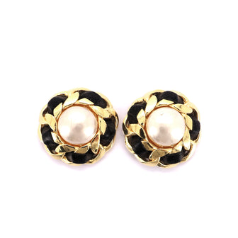 Chanel Round Chain Clip-On Earrings Faux Pearl and Metal with Leather