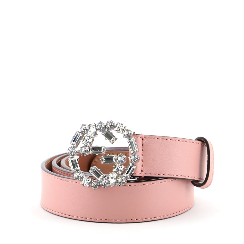 Gucci Pink Leather Belt With Crystal Interlocking G Buckle, $420, Gucci