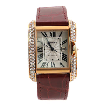 Tank Anglaise Automatic Watch Rose Gold and Alligator with Diamonds 30