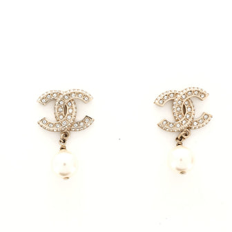 Chanel CC Dangle Earrings Crystal Embellished Metal with Faux Pearls