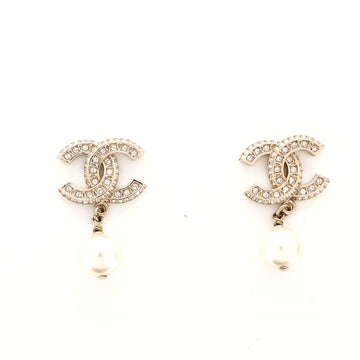 Chanel CC Dangle Earrings Crystal Embellished Metal with Faux Pearls
