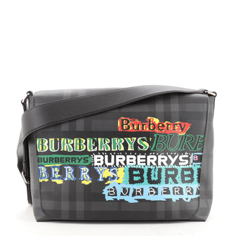 Burberry Graffiti Flap Messenger Bag Smoked Check Coated Canvas Large