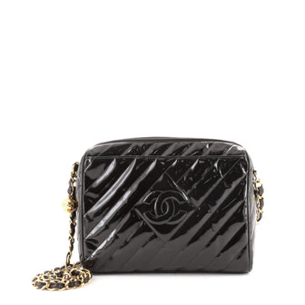Chanel Vintage Camera Bag Diagonal Quilted Patent Medium