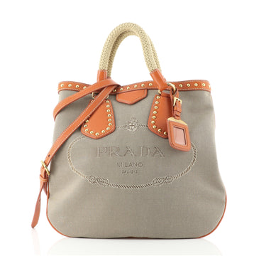 Prada Logo Convertible Tote Canvas with Studded Leather Medium