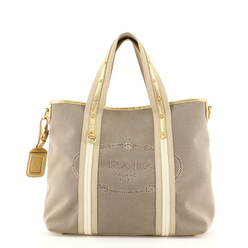 Prada Logo Convertible Tote Canvas with Studded Leather Large