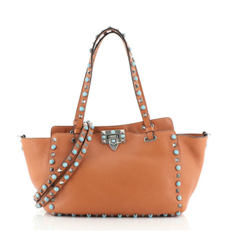 Valentino Rolling Rockstud Tote Leather with Cabochons Small