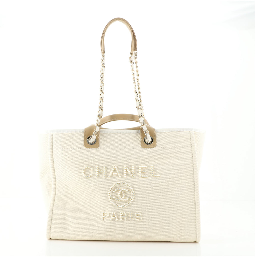 Chanel Deauville Tote Pearl Embellished Canvas Medium Neutral 6401675