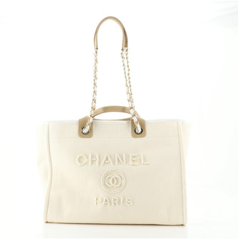 Chanel Deauville Tote Pearl Embellished Canvas Medium