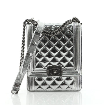 Chanel North South Boy Flap Bag Quilted Metallic Calfskin Small