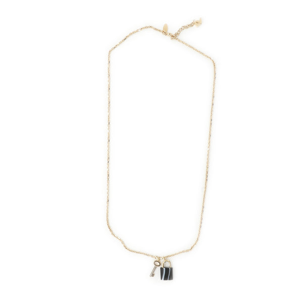 LOUIS VUITTON Metal Onyx Crystal Padlock And Key Pendant Necklace Gold  Black 1221764