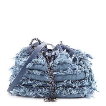 Chanel Drawstring Charm Bucket Bag Fringe Denim
