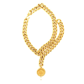 Chanel Vintage Coco Medallion Pearl Chain Pendant Necklace Metal with Faux Pearl