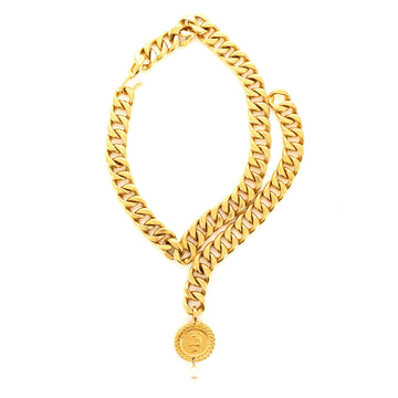 Chanel Vintage Coco Medallion Pearl Chain Pendant Necklace Metal with Faux Pearl