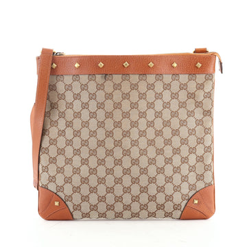 Gucci Vintage Flat Messenger Bag GG Canvas with Studded Leather Large