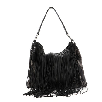 Prada Camouflage Fringe Hobo Tessuto and Leather Large